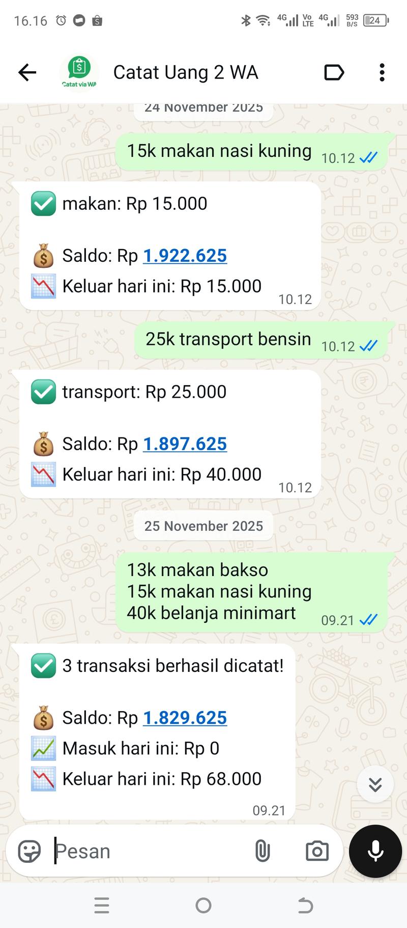 Contoh laporan keuangan via WhatsApp